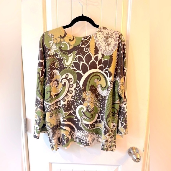 Ann Taylor Cardigan Size XL Paisley Print Green, Brown and Cream Cotton Silk - Picture 2 of 8